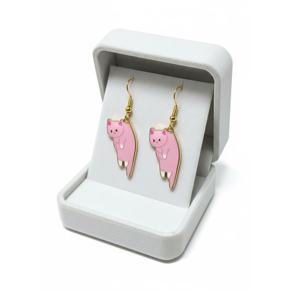 Pink Cat Dangle Earrings Gold Tone Enamel Cute Kawaii Handmade